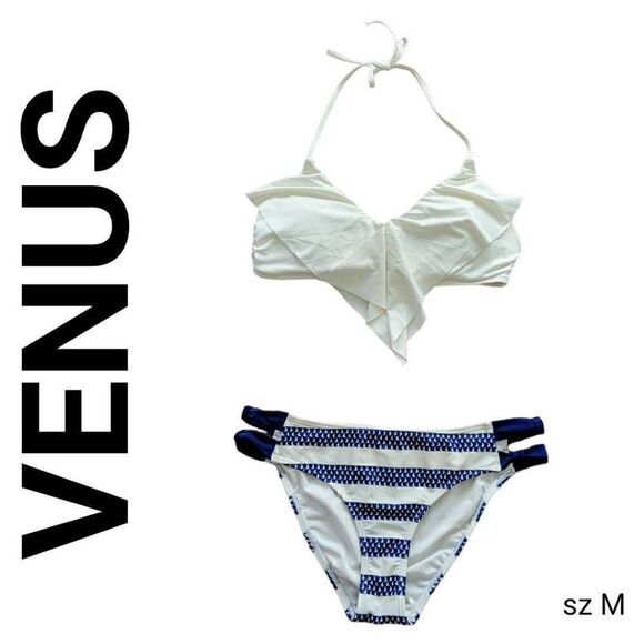 Venus Blue & White Sailboat Stripes White Fringe Top Bikini Swimsuit - Picture 1 of 13